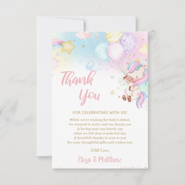 Cute Rainbow Unicorn Baby Shower Birthday Tack Kort (Framsida)