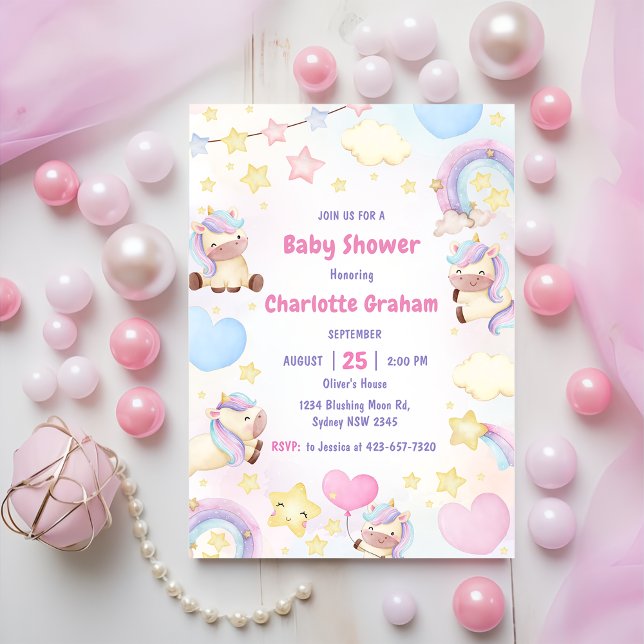 Cute Rainbow Unicorn Baby Shower-inbjudan Inbjudningar (Skapare uppladdad)