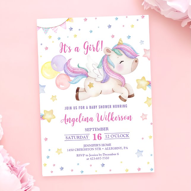 Cute Rainbow Unicorn Baby Shower-inbjudan Inbjudningar (Skapare uppladdad)