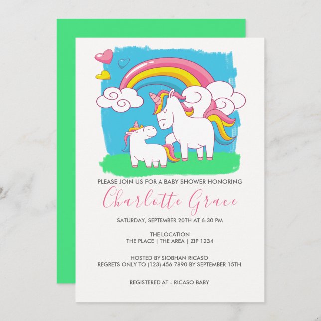 Cute Rainbow Unicorn Baby Shower Inbjudningar (Fram/baksida)