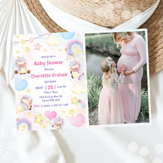 Cute Rainbow Unicorn Baby Shower Photo Inbjudningar