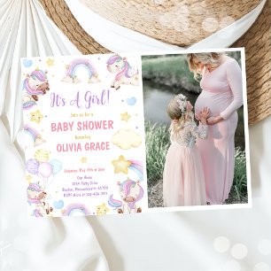 Cute Rainbow Unicorn Baby Shower Photo Inbjudningar