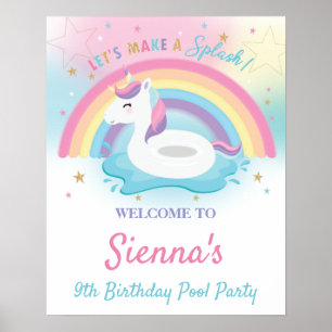 Cute Rainbow Unicorn Bassäng Födelsedagsfest Välko Poster