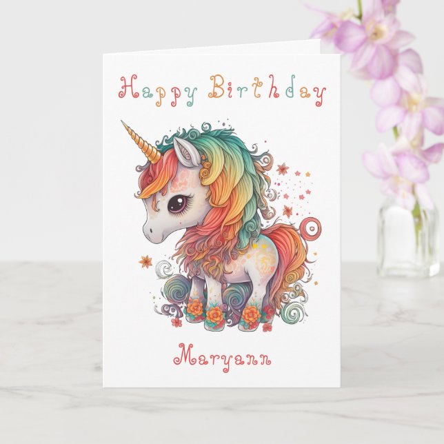 Cute Rainbow Unicorn Birday Card Kort (Orkide)