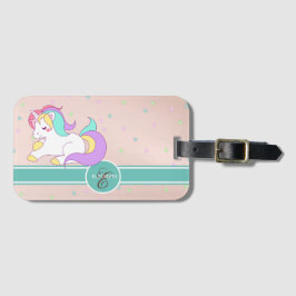 Cute Rainbow Unicorn, Colorful Stars Monogram Bagagebricka