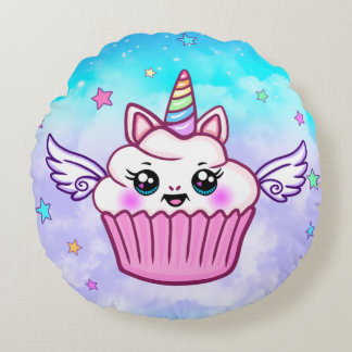 Cute Rainbow Unicorn Cupcoa Kawaii Round Pillow Rund Kudde