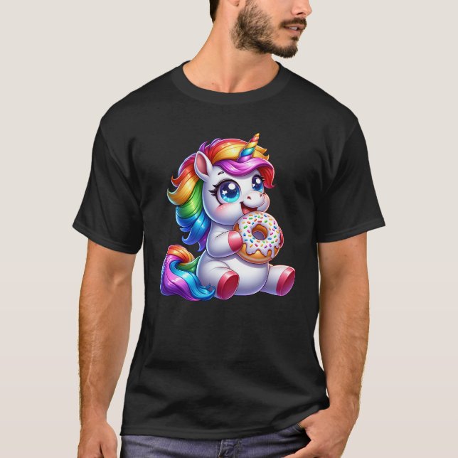 Cute Rainbow Unicorn Eating Donut Älskare Funny T Shirt (Framsida)