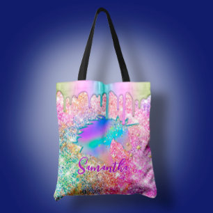 Cute Rainbow unicorn faux Glitter stjärnor monogra Tygkasse