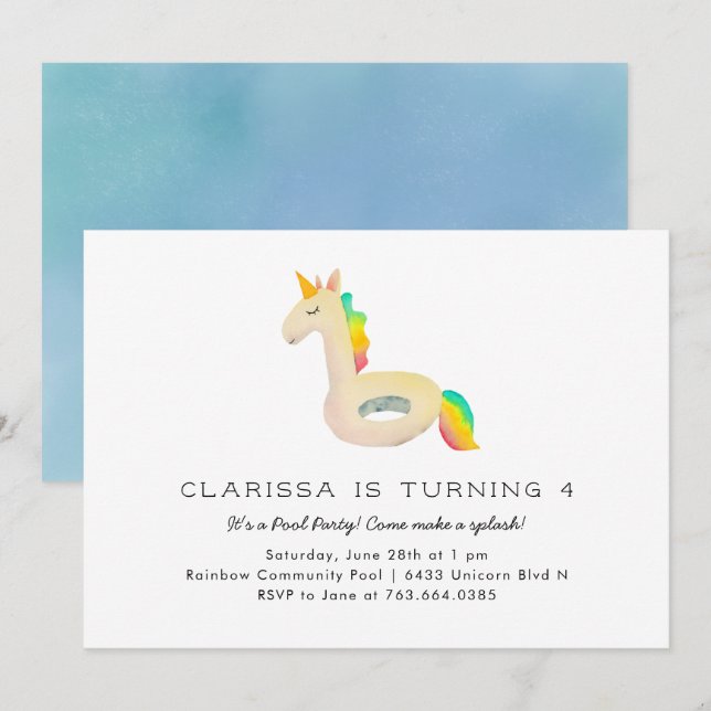 Cute Rainbow Unicorn Floatie Bassäng Födelsedagsfe Inbjudningar (Fram/baksida)