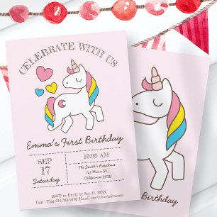 Cute Rainbow Unicorn Födelsedagsfest inbjudan