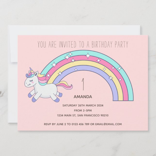Cute Rainbow Unicorn Födelsedagsfest inbjudan (Framsida)