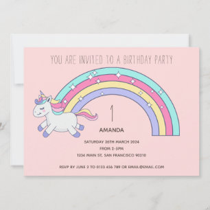 Cute Rainbow Unicorn Födelsedagsfest inbjudan