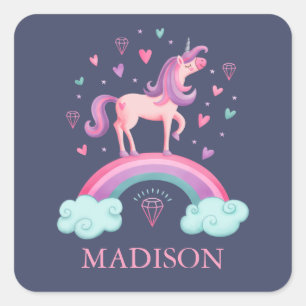 Cute Rainbow Unicorn Födelsedagsfest Square Sticke Fyrkantigt Klistermärke
