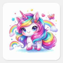 Cute Rainbow Unicorn Fyrkantigt Klistermärke