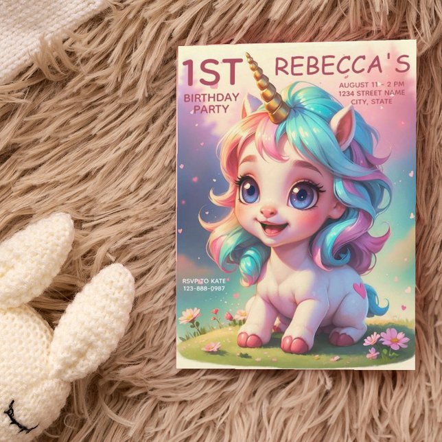 Cute Rainbow Unicorn Girl 1:a födelsedagen Party Inbjudningar (Skapare uppladdad)
