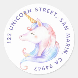 Cute Rainbow Unicorn Girls | Cirkulär adressetiket Runt Klistermärke
