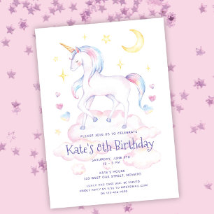 Cute Rainbow Unicorn Girl's Födelsedagsfest Inbjud Inbjudningar