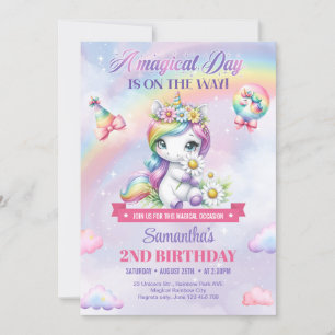 Cute Rainbow Unicorn med blommor 2:a födelsedagen Inbjudningar