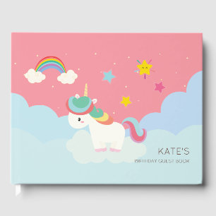 Cute Rainbow Unicorn med Stars. Födelsedag. Gästböcker