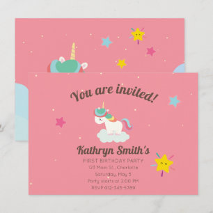 Cute Rainbow Unicorn med Stars. Födelsedag. Inbjudningar