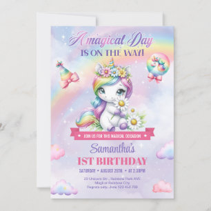 Cute Rainbow Unicorn och Sparkles 1:a födelsedagen Inbjudningar