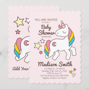 Cute Rainbow Unicorn och Stars Diamond Baby Shower Inbjudningar