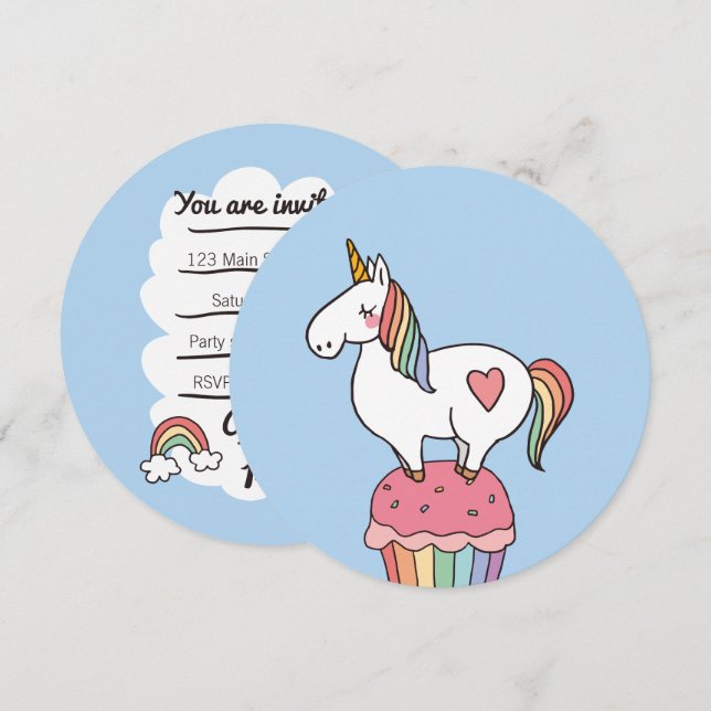 Cute Rainbow Unicorn på Birthday Cupaka Inbjudningar (Fram/baksida)