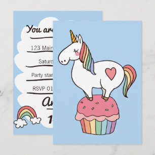 Cute Rainbow Unicorn på födelsedagscupaka Inbjudningar