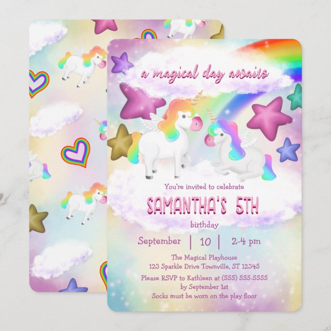 Cute Rainbow Unicorn Pastel Birthday-inbjudan Julkort (Fram/baksida)