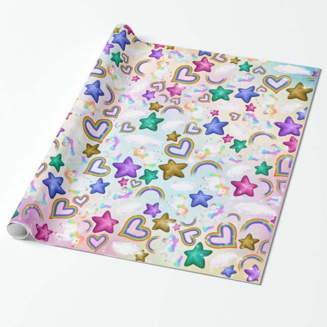 Cute Rainbow Unicorn Pastel Rosa Wrapping Papper Presentpapper (Utrullad)
