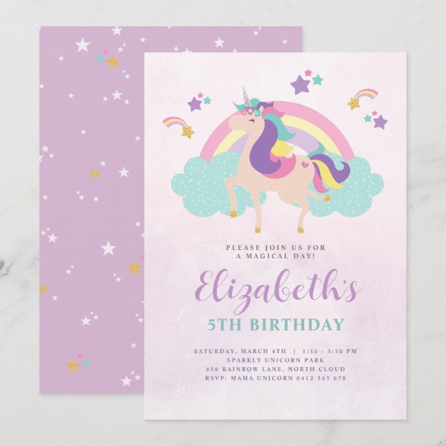Cute Rainbow Unicorn Personlig Birthday Inbjudningar (Fram/baksida)