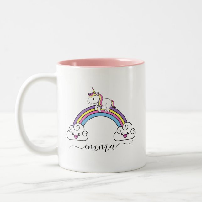 Cute Rainbow Unicorn Personlig Namn  Två-Tonad Mugg (Vänster)
