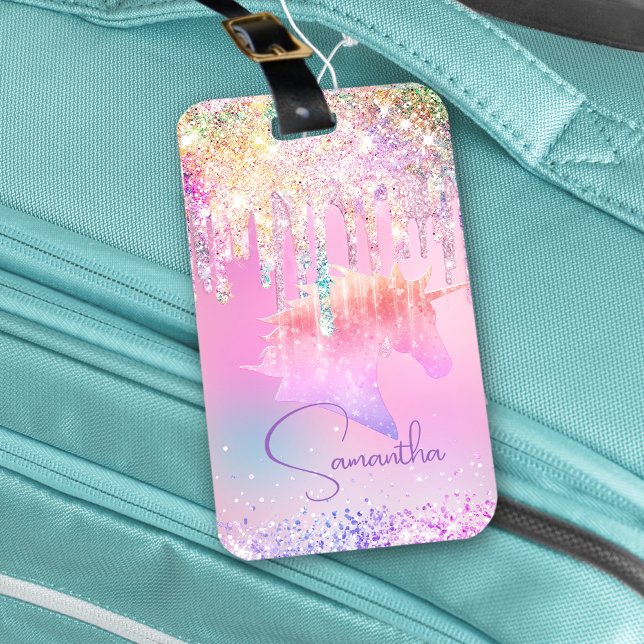 Cute Rainbow unicorn rosa Glitter Drives monogram Bagagebricka (Skapare uppladdad)