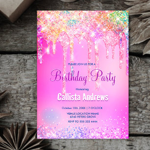 Cute Rainbow unicorn rosa Glitter Drives monogram Inbjudningar