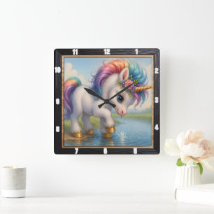 Cute Rainbow Unicorn Stänk Fyrkantig Klocka