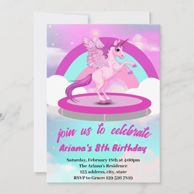 Cute Rainbow Unicorn Trampoline Birthday Invati Inbjudningar (Framsida)