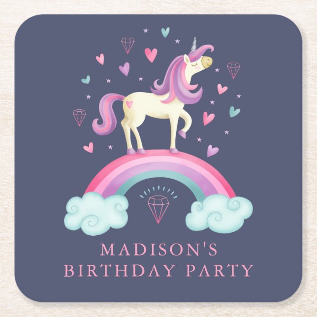 Cute Rainbow Unicorn Underlägg Papper Kvadrat (Framsidan)