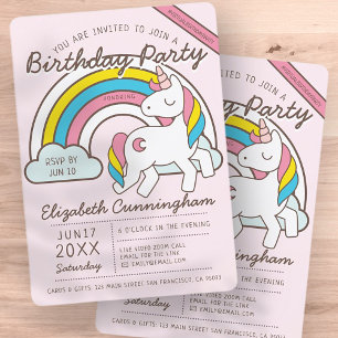 Cute Rainbow Unicorn Virtuell Födelsedagsfest Inbjudningar