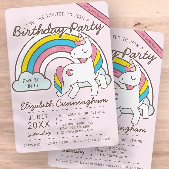 Cute Rainbow Unicorn Virtuell Födelsedagsfest Inbjudningar (Skapare uppladdad)