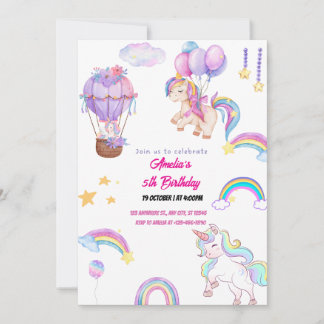 Cute Rainbow Unicorn Whimsical Girl Party Rosa Inbjudningar
