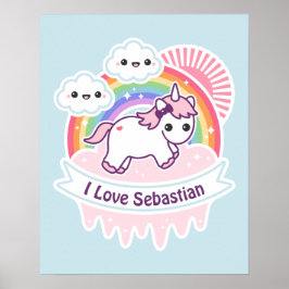 Cute Rainbow Unicorn with Clouds Poster