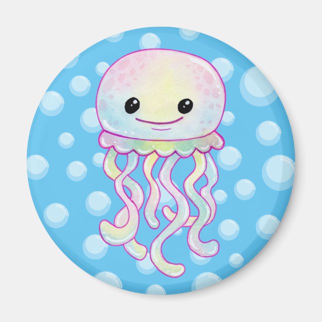 Cute Rainbow Watercolor Jellyfish Magnet (Framsidan)