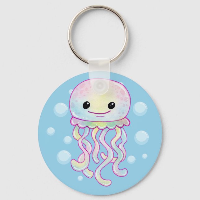 Cute Rainbow Watercolor Jellyfish Nyckelring (Framsida)