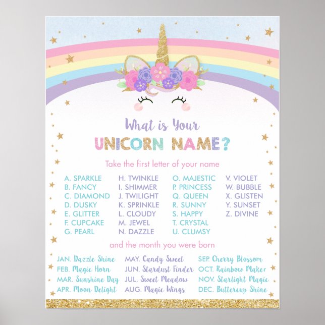 Cute Rainbow What is Your Unicorn Namn Game Sign Poster (Framsidan)