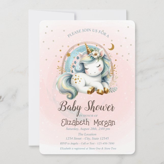 Cute Rainbows Stars Unicorn Baby Shower Inbjudningar (Framsida)