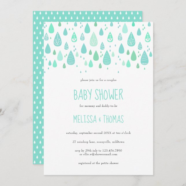 Cute Raindroppe Par Baby Shower/Sprinkle Inbjudningar (Fram/baksida)