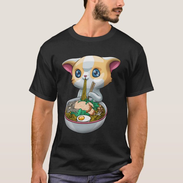 Cute Ramen Cat Funny Kawaii Anime Kitten Japanska T Shirt (Framsida)