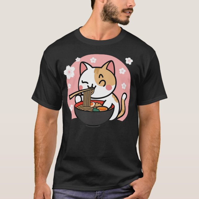 Cute Ramen Cat Kawaii Anime Sakura Pink T Shirt (Framsida)