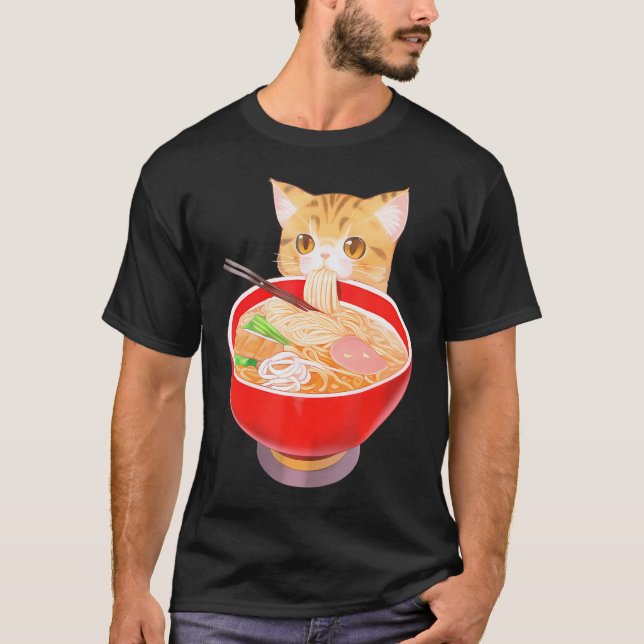 Cute Ramen Cat Kawaii Neko Anime Jape Noodles T Shirt (Framsida)