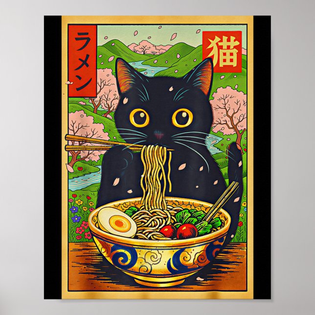 Cute Ramen Cat Nature Flowers Noodle Anime  Poster (Framsidan)